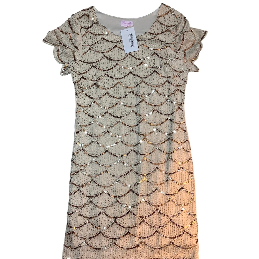 NWT Pink Lily Gold Sequin Mermaid Scale Shift Dress Sz M Cocktail Party Wedding‎